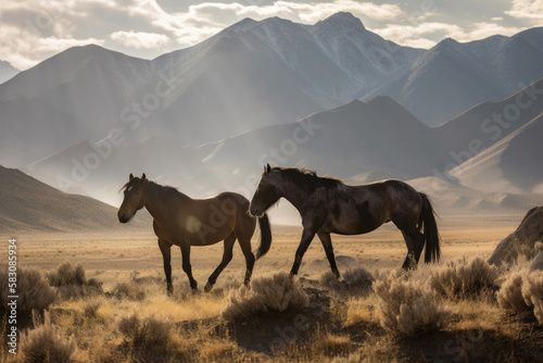 Wild horses with mountains in background created with AI 