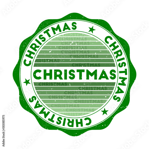 Christmas badge. Grunge word round stamp with texture in Hulk color theme. Vintage style geometric Christmas seal with gradient stripes. Modern vector illustration.