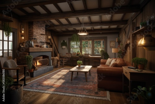 a cozy cabin with a fireplace. Generative AI
