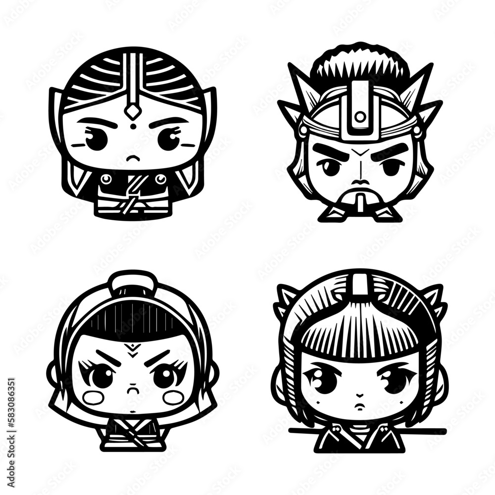 Bold and captivating Hand drawn collection set of cute Japanese samurai warriors, showcasing courage, strength, and cultural heritage