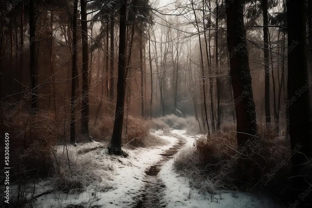 Snowy Winter Forest Landscape with Abstract Mountains and Trees in beautiful Background Snowy Winter Forest Landscape with Abstract Mountains and Trees in beautiful Background