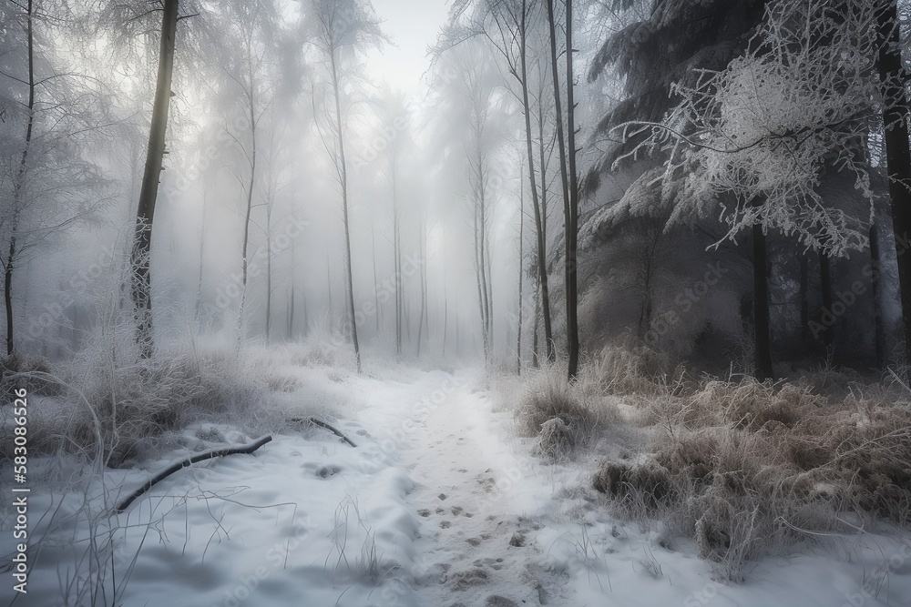 Obraz premium Snowy Winter Forest Landscape with Abstract Mountains and Trees in beautiful Background