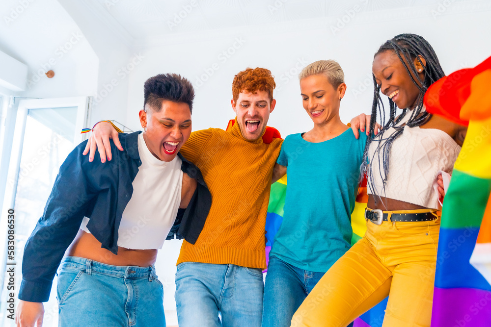 LGBT pride, lgbt rainbow flag, group of friends dancing in a house at the party