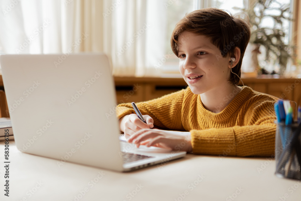 A smiling child is comfortable learning at home on the computer at an online school A smiling child is comfortable learning at home on the computer at an online school