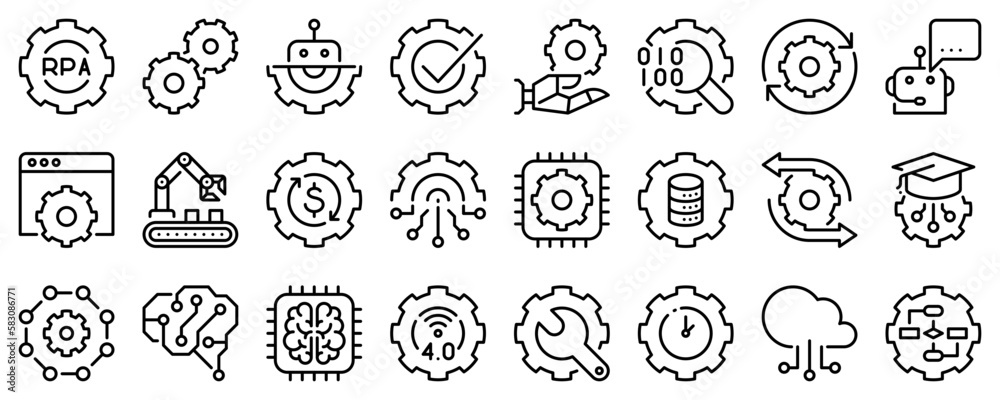 Line icons about process automation on transparent background with ...
