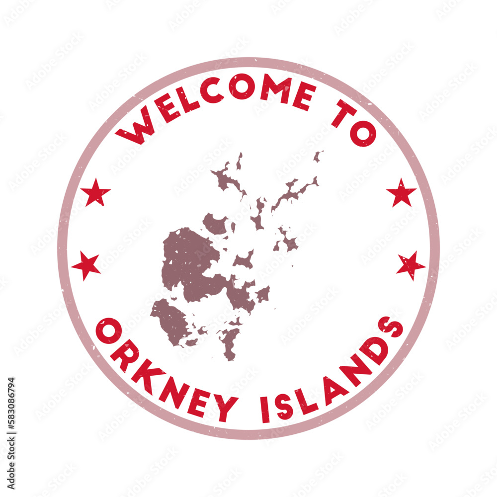 Welcome to Orkney Islands stamp. Grunge island round stamp with texture in Splatter Movie color theme. Vintage style geometric Orkney Islands seal. Attractive vector illustration.