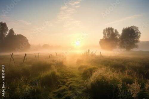 Beautiful sunrise over a misty meadow in summer morning created with AI