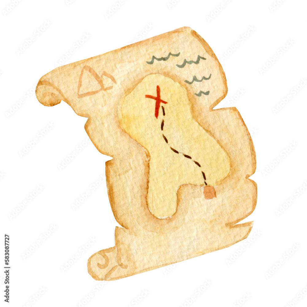 Watercolor childish illustration, paper treasure map isolated on white ...