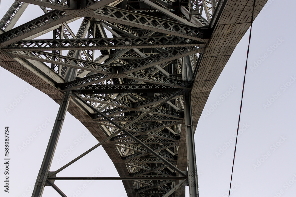 View from below of the Luis I Bridge in Porto, Portugal, over the Douro River