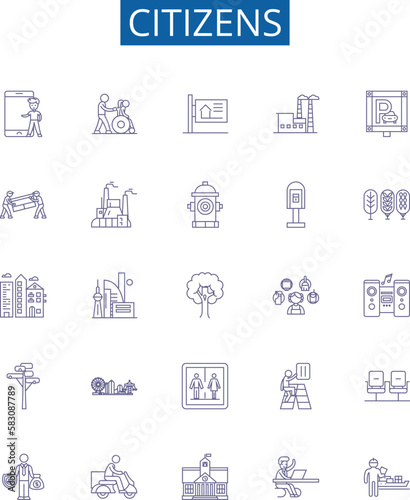 Citizens line icons signs set. Design collection of Citizens, Population, Residents, Voters, Members, Individuals, Society, Congregation outline concept vector illustrations