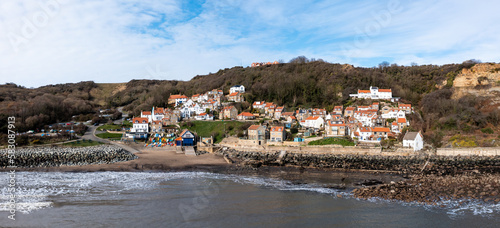 Aerial view of the quaint North Yorkshire fishing village of Runswick Bay photo