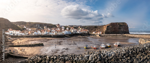 Aerial panorama view of the North Yorkshire coastal fishing village of Staithes