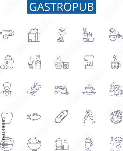 Gastropub line icons signs set. Design collection of Pub, Gastro, Drink, Kitchen, Restaurant, Food, Beer, Wine outline concept vector illustrations