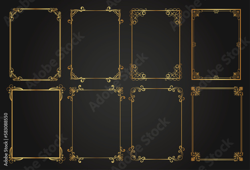 Decorative golden frames. Retro ornamental frame, vintage rectangle ornaments & ornate border. Decorative wedding frames, antique museum image borders. Isolated vector icons set