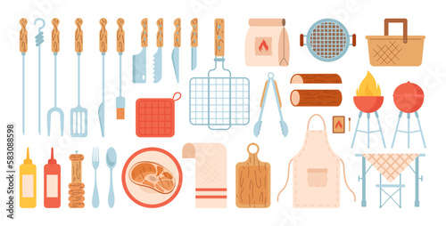 Barbecue set. Equipment for outdoor cooking. Grill, coal, brazier,