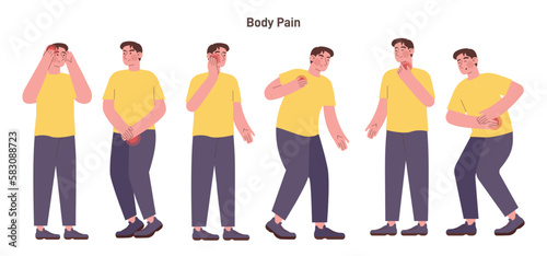 Different types of pain on human body parts. Sharp or nagging ache