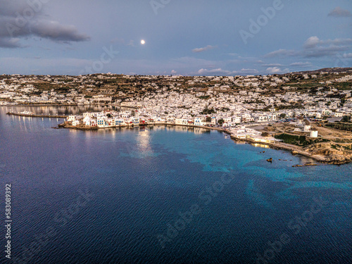 Aerial view of the famous Little Venice village in Mykonos, Cyclades Greece