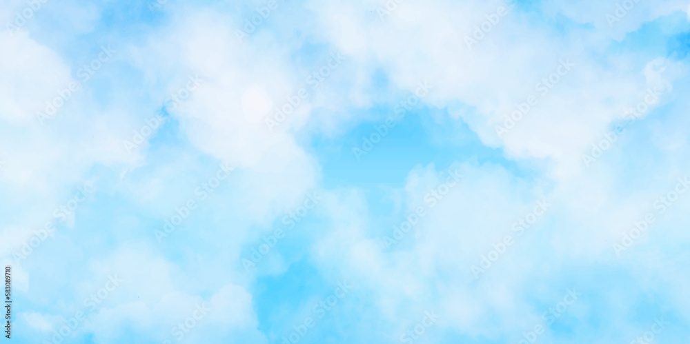 Panorama of blue sky with white clouds. Sky clouds landscape light background . White cumulus clouds formation in blue sky. sunny heaven landscape, bright cloudy sky view from airplane, copy space.