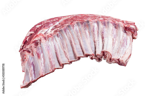Raw rack of lamb ribs on butcher table.  Isolated, transparent background.