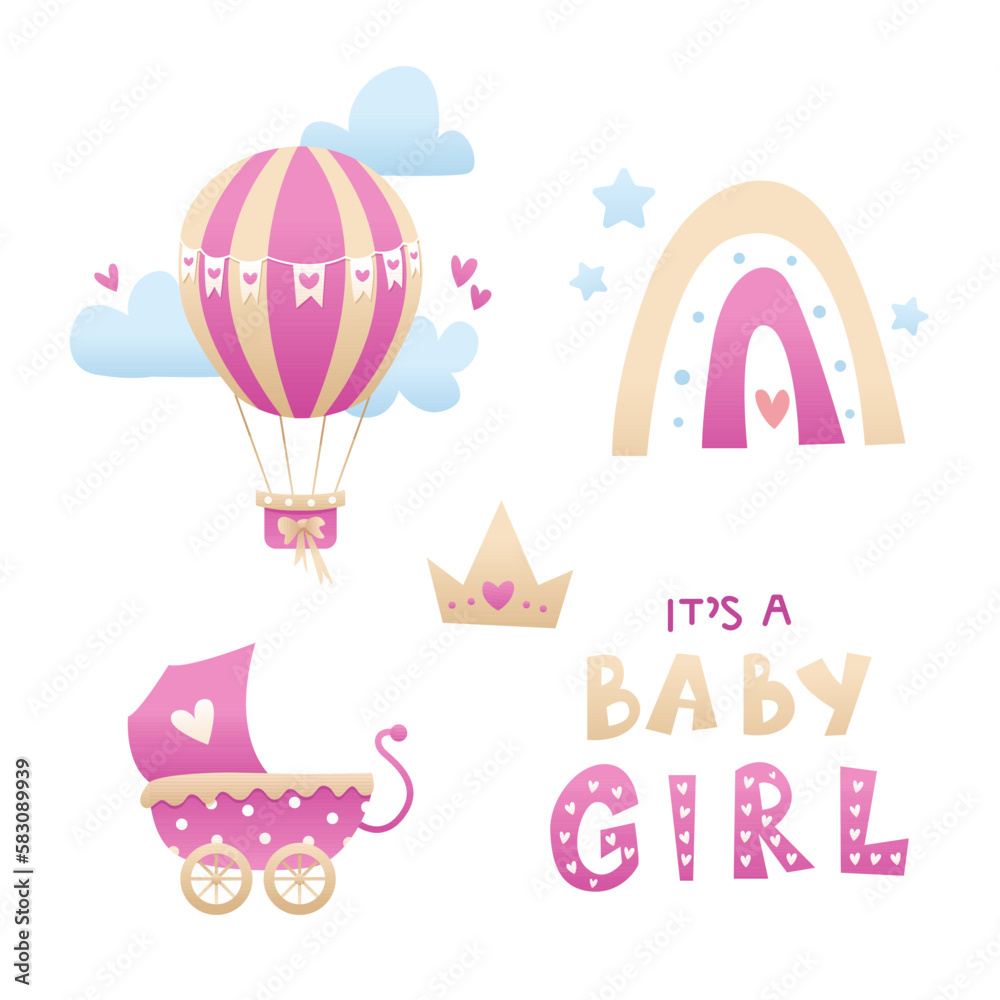 Baby shower. Set of Decoration Elements: Air Ballon, Baby pram, Clouds, Rainbow, Stars, Crown. It's a Baby Girl Lettering. Cute Vector Illustration. Baby shower. Set of Decoration Elements: Air Ballon, Baby pram, Clouds, Rainbow, Stars, Crown. It's a Baby Girl Lettering. Cute Vector Illustration.