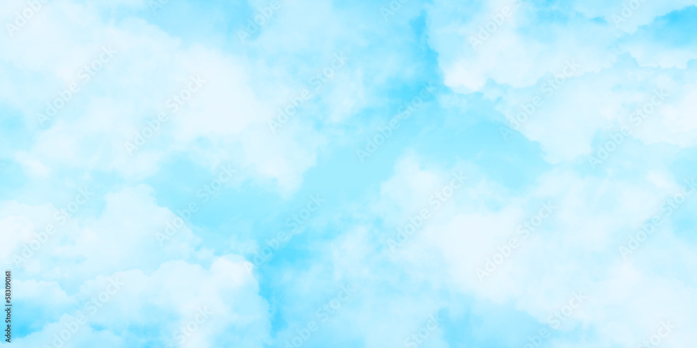 Panorama of blue sky with white clouds. Sky clouds landscape light background . White cumulus clouds formation in blue sky. sunny heaven landscape, bright cloudy sky view from airplane, copy space.