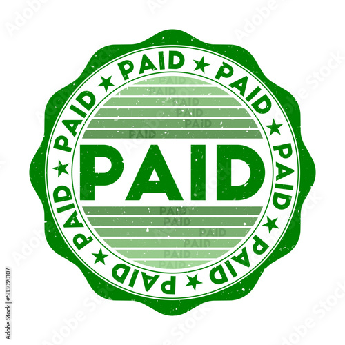 Paid badge. Grunge word round stamp with texture in Hulk color theme. Vintage style geometric paid seal with gradient stripes. Appealing vector illustration.