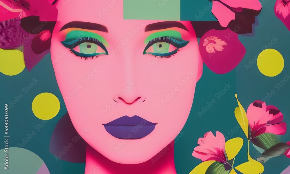 Pop Art Pink Woman Face with Pastel Flowers Illustrated Abstract Generative Ai Illustration