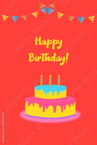 Birthday card on a red background with cake and flags. Vector