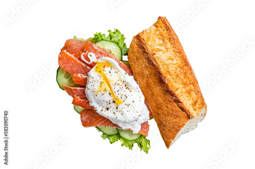 Poached egg with smoked salmon and avocado on toast. Isolated, transparent background.