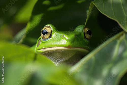 Green frog looking between leaves created with AI 