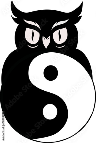 A Yin and Yang Symbol in front of an Owl. Vector Drawing