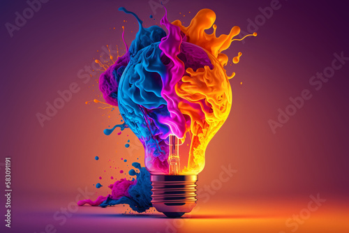 a colorful glowing idea bulb lamp, visualization of brainstorming, bright idea and creative thinking, generative ai