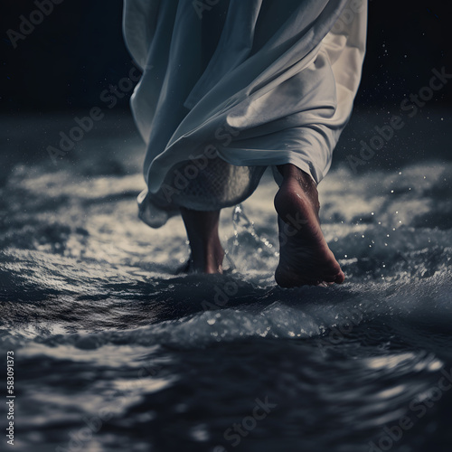 Closeup of the feet of Jesus walking on water. Generative AI.