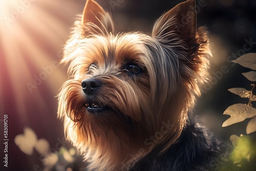 Yorkshire terrier dog portrait in the garden, AI generated