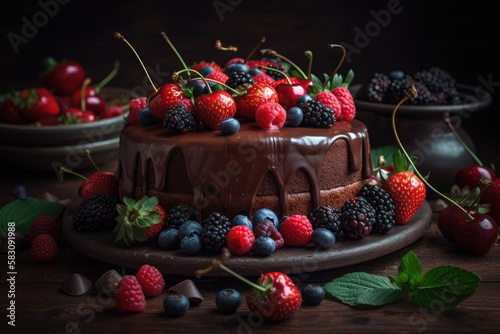 Chocolate cake with berries on a plate created with AI 