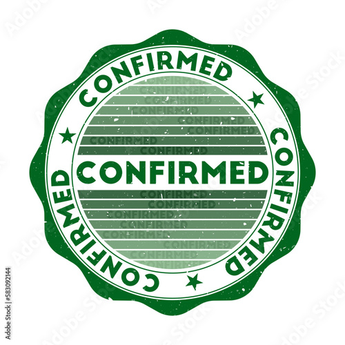 Confirmed badge. Grunge word round stamp with texture in Woodland Wonder color theme. Vintage style geometric confirmed seal with gradient stripes. Vibrant vector illustration.