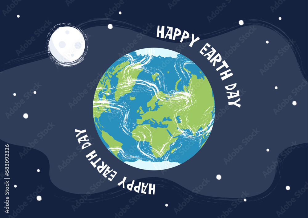 Naklejka premium Earth Day poster with Earth globe and Moon satellite in space, Earth Day banner, greeting, reminder in a drawing cartoon style.