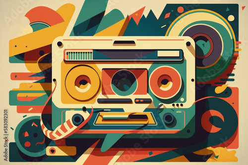 Flat retro design: Vintage music player, сassette, record, and musical mood | Generative AI Production