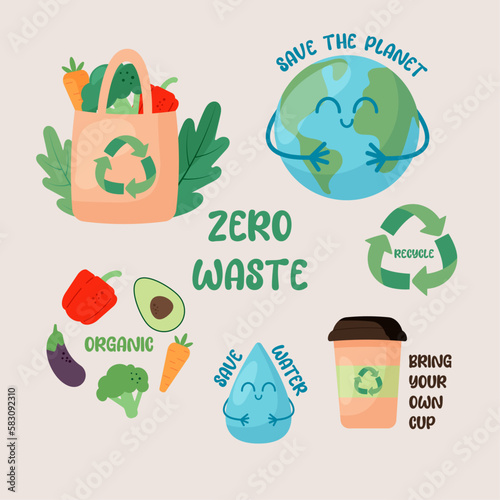 A set of stickers, elements on the theme of ecology conservation. Zero Waste. Refusal of plastic, protection of the planet and ecology. Eco bag, cup, long-term use of things