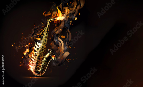 Saxophone on fire. Banner. Copy space. AI generated photo