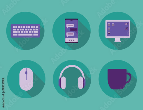 Home workplace flat icon set in purple and blue colors. Business and freelance attributes. Vector illustration