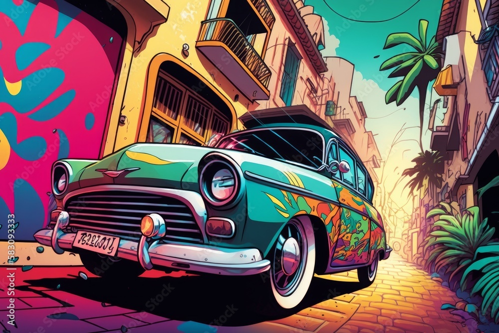 Plakat Surreal Anime Style Illustration of Vintage Car Driving Through Colorful Graffiti-Covered City Street: A UX/UI E-commerce Marvel for Auto Enthusiasts!, Generative AI