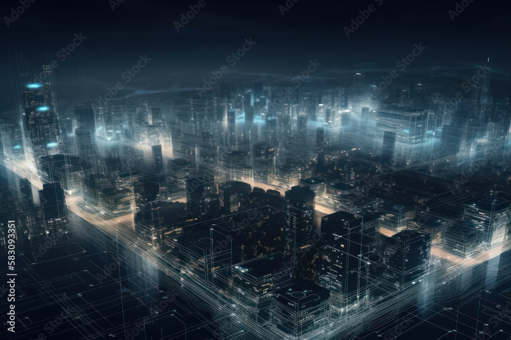 Energy of fractal realms, network concept, city at night, generative ai