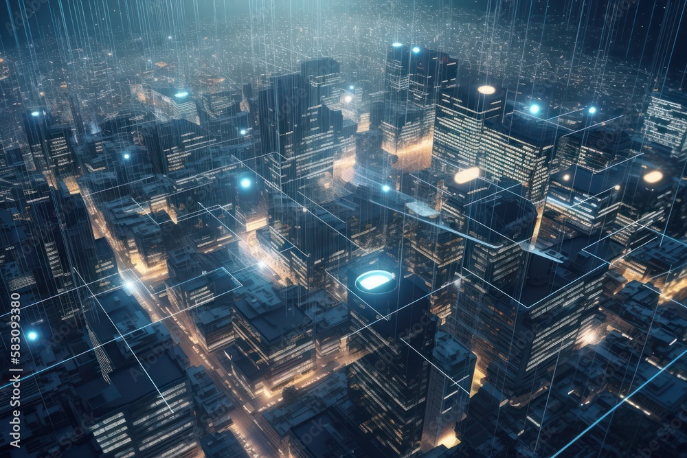 Energy of fractal realms, network concept, city at night, generative ai Energy of fractal realms, network concept, city at night, generative ai