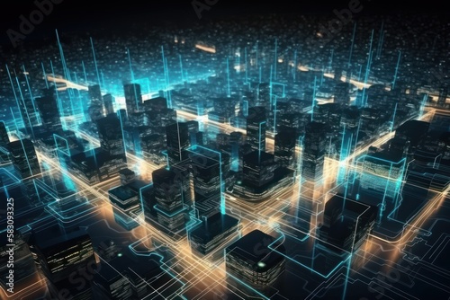 Energy of fractal realms, network concept, city at night, generative ai