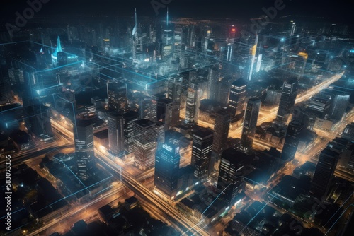 Energy of fractal realms  network concept  city at night  generative ai