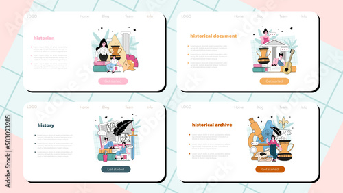 Historian web banner or landing page set. History scientist or archaeologist