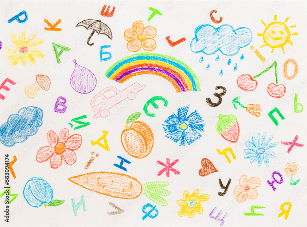 Drawing with colored pencils. Children drawing on a piece of paper. Drawing with colored pencils. Children drawing on a piece of paper.