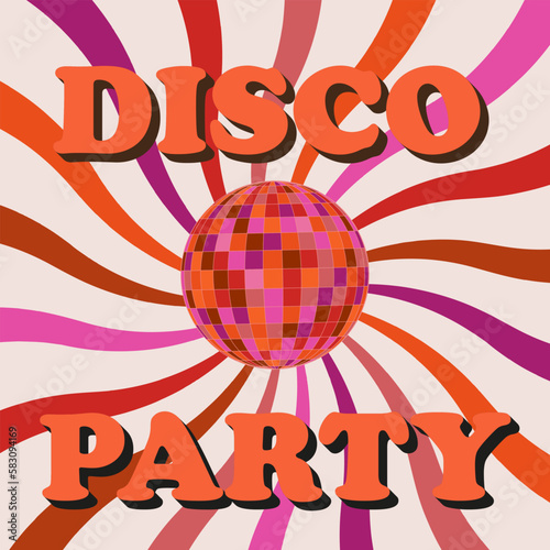 Retro Colorful disco ball with vintage sunbursts in orange, pink, brown , purple and coral. Disco party vintage style poster for retro 70s parties. 