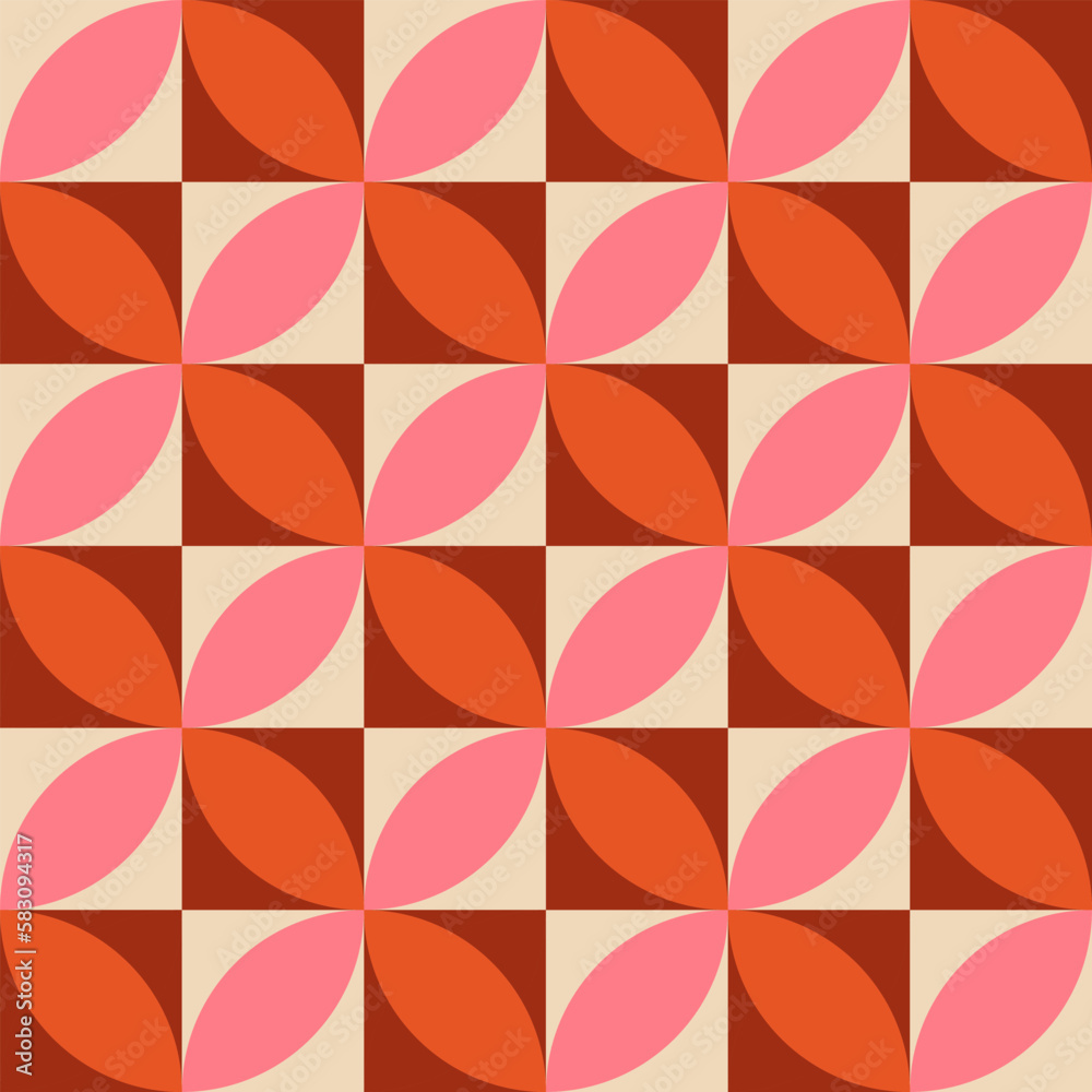 Mid Century modern pink and orange geometric circles seamless pattern on burgundy and beige squares.